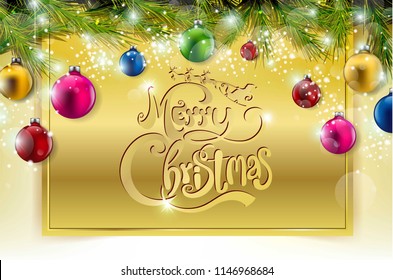 Christmas background with fir branches and red balls with decorations. Vector illustration