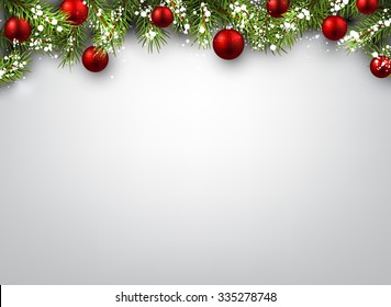 Christmas background with fir branches and red balls. Vector illustration.