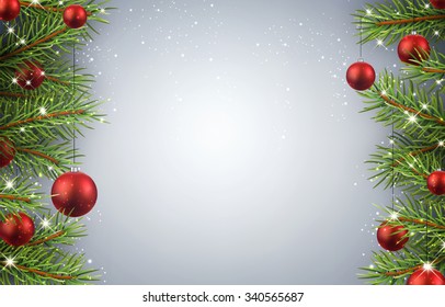 Christmas background with fir branches and red balls. Vector illustration.
