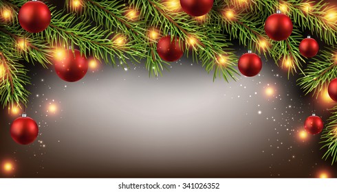 
Christmas background with fir branches and red balls. Vector illustration.
