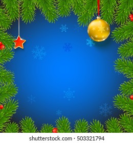 Christmas background with fir branches, red viburnum berries, Christmas balls, beads, a red star with ash trim, New Year ornaments and streamers on blue background with place for your text.