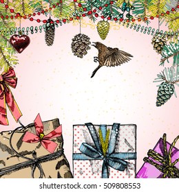 Christmas background with fir branches and red balls. Hand drawn gift boxes with ribbon decorations. Vector.