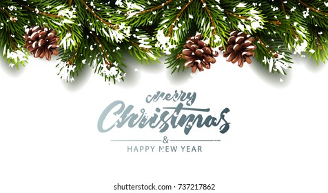Christmas background with fir branches and red balls with snow. Vector illustration