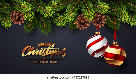 Christmas background with fir branches and red balls with decorations. Vector illustration