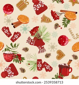 Christmas background with fir branches, rowan, cap, mittens, drink and gingerbread on a light background. Seamless vector illustration for textile decoration, packaging.