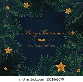 Christmas background with fir branches and stars. Vector illustration