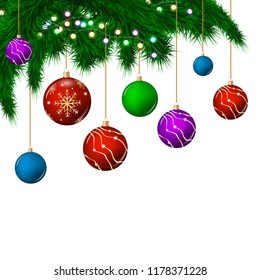 Christmas background with fir branches and toys. Merry Christmas illustration