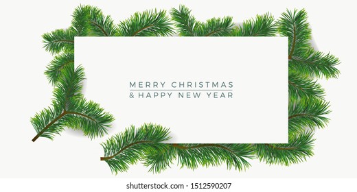 Christmas background with fir branches. Vector illustration with frame and copy space