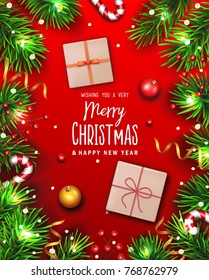 Christmas background with fir branches,gifts and balls. Vector illustration. 
