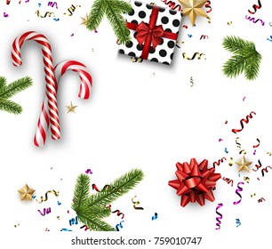 Christmas background with fir, gift, candy and serpentine. Vector top view illustration.