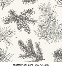 Christmas background with fir and pine branches and cones.Botanical seamless pattern with conifers and evergreens.   Winter print for wrapping or gift paper. Vector illustration. Black and White.