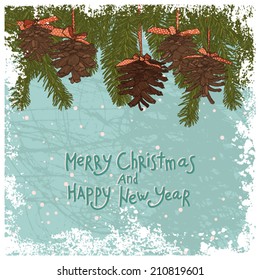 christmas background with fir and pine cones with text