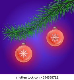 Christmas background with fir pine twigs and balls. Vector illustration.