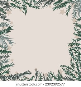 Christmas background with fir, spruce and pine branches on a light background. Square frame with little stars for Christmas and New Year design. Vector illustration.