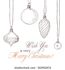 Christmas background with fir toys. Vintage holiday frame. Vector illustration