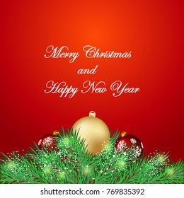 Christmas background with fir tree and balls. Vector illustration. Winter holiday.