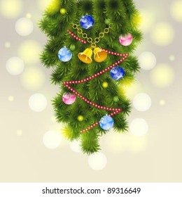 Christmas background with fir tree, bells and  balls
