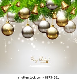 Christmas background with fir tree, bells and evening balls