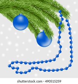 Christmas background: fir tree branch with Christmas balls and blue beads. New Year background. Vector illustration.