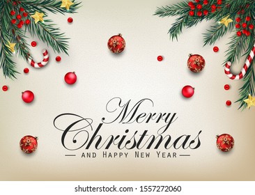 Christmas background with fir tree branches and balls