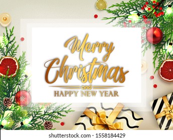 Christmas background with fir tree branches and decorations