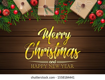 Christmas background with fir tree branches and decorations 