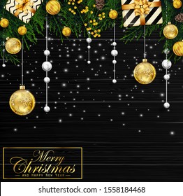 Christmas background with fir tree branches and decorations