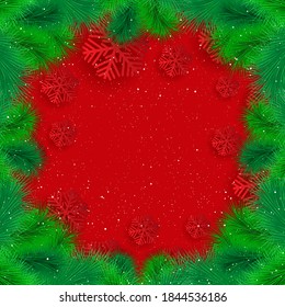 Fondo de Navidad con ramas de abetos y copos de nieve