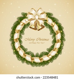 Christmas background with fir tree branches, bells and beige bow, illustration.