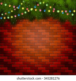 Christmas background with fir tree branches and light bulbs on a brick wall, illustration.
