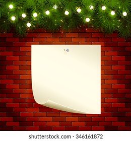 Christmas background with fir tree branches, light bulbs and note paper on a brick wall, illustration.