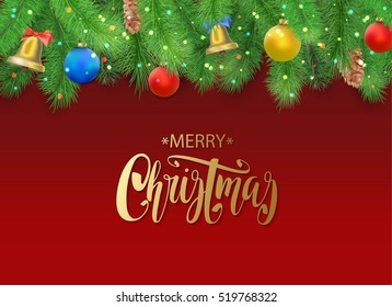 Christmas background with fir tree branches, pine cone, bell, bow and red, blue, yellow balls with decorations. Vector illustration isolated on red background.