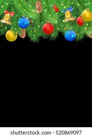 Christmas background with fir tree branches, pine cone, bell, bow and red, blue, yellow balls, confetti . Vector illustration isolated on black background.