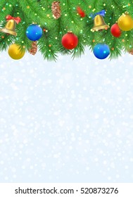 Christmas background with fir tree branches, pine cone, bell, bow and red, blue, yellow balls, confetti . Vector illustration isolated on the blued background with bokeh.
