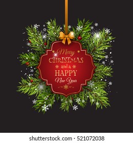 Christmas background with fir tree branches, ribbon and decorative label