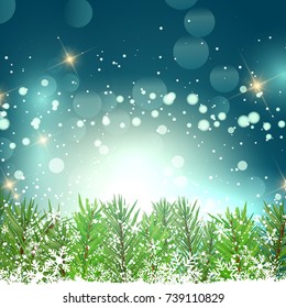 Christmas background with fir tree branches and snowflakes