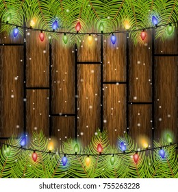 Christmas background with fir tree branches, and light bulbs. Vector illustration. Eps 10. 
