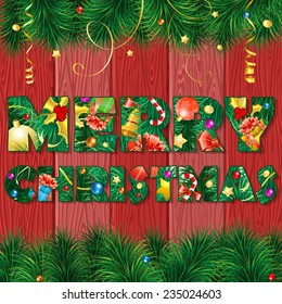 Christmas Background with Fir Tree, Candy, Branches, Mistletoe and Gift on Red Wooden Boards through Letter, vector illustration.
