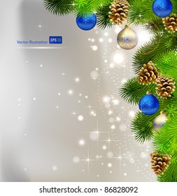 Weihnachtshintergrund mit Tannenbaum, Zapfen und Abendkugeln