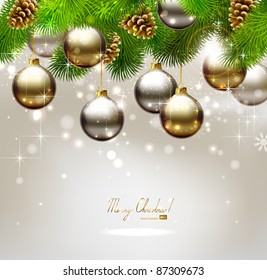 Fondo navideño con abeto, conos y bolas nocturnas