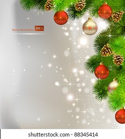 Christmas background with fir tree, cones and evening balls