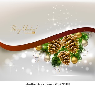 Christmas background with fir tree, cones and evening balls