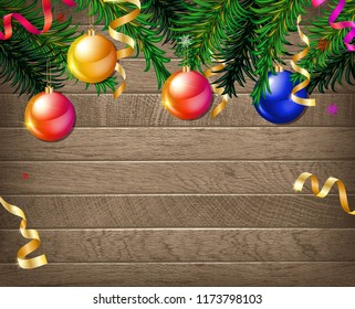 Christmas background. Christmas fir tree and decorations on wooden background, top view, copy space. Vector illustration