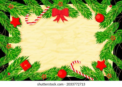 Christmas background with fir tree, decorations, holly berry and textured paper. Vector illustration.