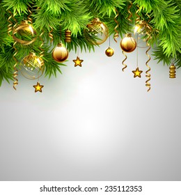 Christmas background with fir tree and evening baubles 