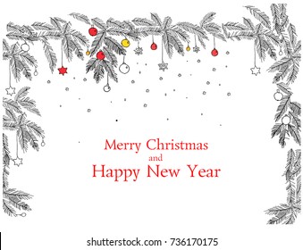 Christmas background with fir tree frame. Hand drawn vector illustration