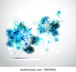 Christmas  background with fir tree and  winter snowflakes