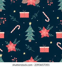 Christmas background with fir trees, gifts, poinsettia.