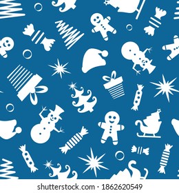 Christmas background with fir trees and snowflakes on a blue background. Vector illustration