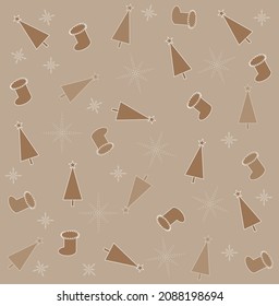 Fondo de Navidad con abetos y calcetines y copos de nieve. Fondo festivo para decoraciones, tarjetas y pancartas navideñas. Ilustración vectorial.